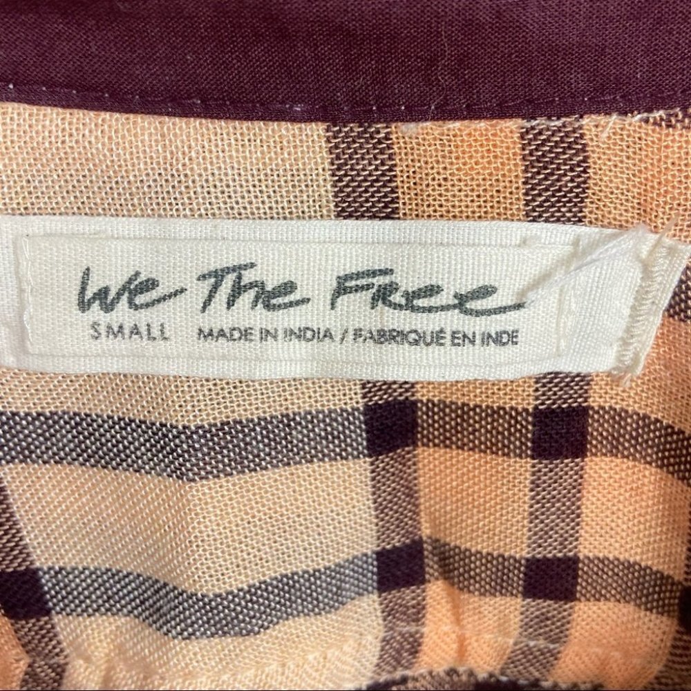 Free People Pacific Dawn Plaid Shirt Drawstring Size Small Brown Boho Top Button - Picture 4 of 11